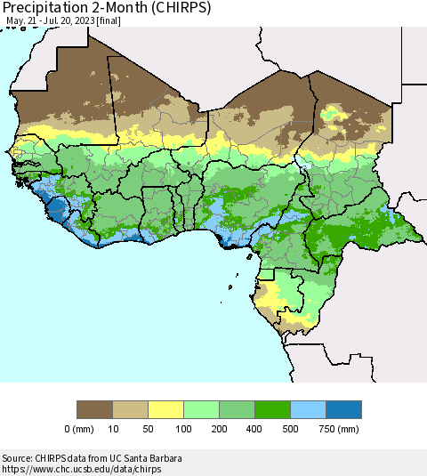 Western Africa Precipitation 2-Month (CHIRPS) Thematic Map For 5/21/2023 - 7/20/2023