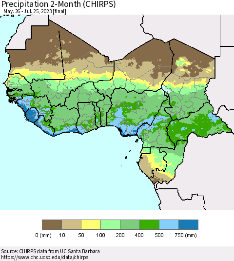 Western Africa Precipitation 2-Month (CHIRPS) Thematic Map For 5/26/2023 - 7/25/2023