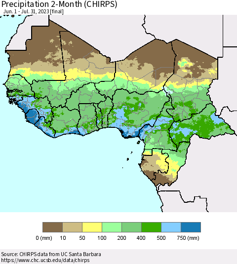 Western Africa Precipitation 2-Month (CHIRPS) Thematic Map For 6/1/2023 - 7/31/2023