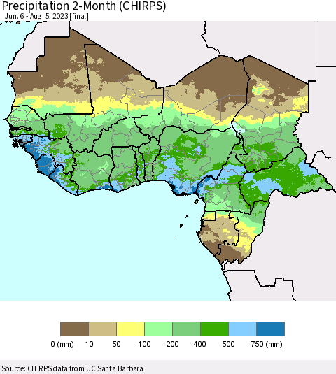 Western Africa Precipitation 2-Month (CHIRPS) Thematic Map For 6/6/2023 - 8/5/2023