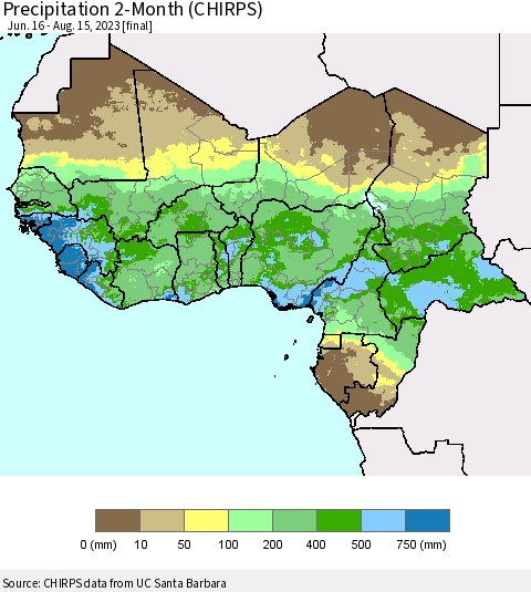 Western Africa Precipitation 2-Month (CHIRPS) Thematic Map For 6/16/2023 - 8/15/2023