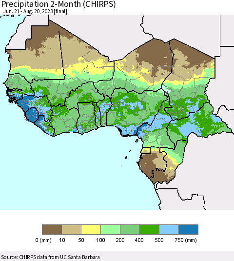 Western Africa Precipitation 2-Month (CHIRPS) Thematic Map For 6/21/2023 - 8/20/2023