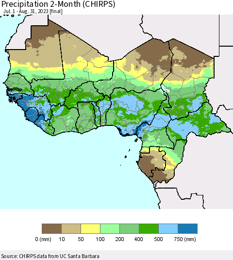 Western Africa Precipitation 2-Month (CHIRPS) Thematic Map For 7/1/2023 - 8/31/2023
