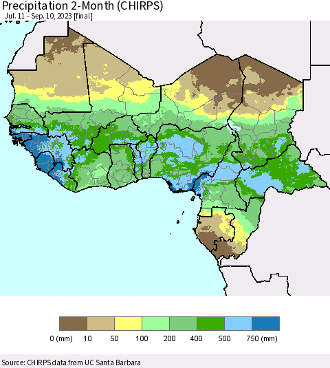 Western Africa Precipitation 2-Month (CHIRPS) Thematic Map For 7/11/2023 - 9/10/2023