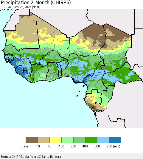 Western Africa Precipitation 2-Month (CHIRPS) Thematic Map For 7/26/2023 - 9/25/2023