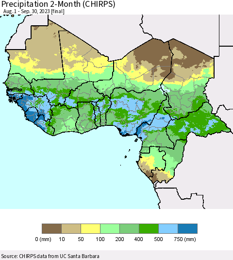 Western Africa Precipitation 2-Month (CHIRPS) Thematic Map For 8/1/2023 - 9/30/2023