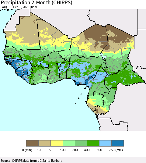 Western Africa Precipitation 2-Month (CHIRPS) Thematic Map For 8/6/2023 - 10/5/2023