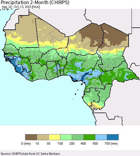 Western Africa Precipitation 2-Month (CHIRPS) Thematic Map For 8/16/2023 - 10/15/2023