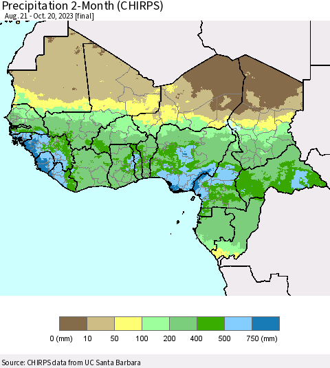 Western Africa Precipitation 2-Month (CHIRPS) Thematic Map For 8/21/2023 - 10/20/2023