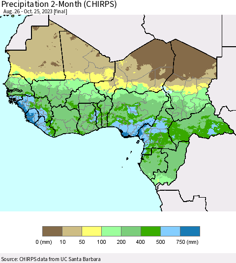 Western Africa Precipitation 2-Month (CHIRPS) Thematic Map For 8/26/2023 - 10/25/2023