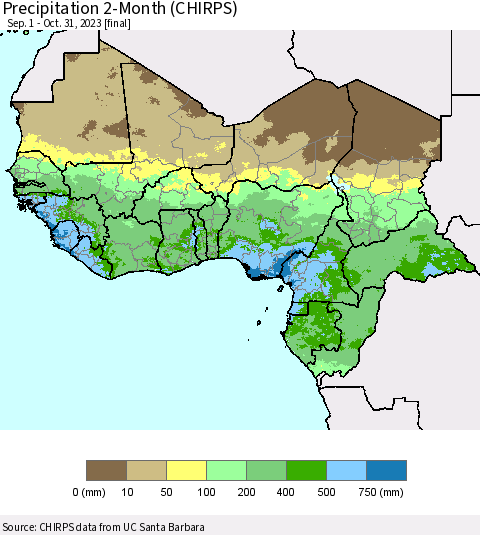 Western Africa Precipitation 2-Month (CHIRPS) Thematic Map For 9/1/2023 - 10/31/2023