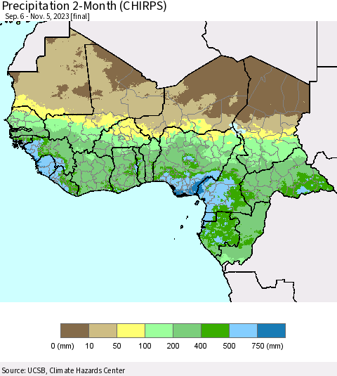 Western Africa Precipitation 2-Month (CHIRPS) Thematic Map For 9/6/2023 - 11/5/2023