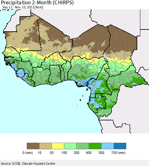 Western Africa Precipitation 2-Month (CHIRPS) Thematic Map For 9/11/2023 - 11/10/2023
