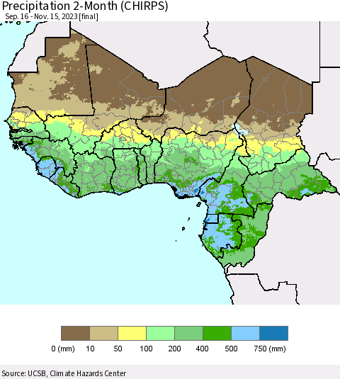 Western Africa Precipitation 2-Month (CHIRPS) Thematic Map For 9/16/2023 - 11/15/2023