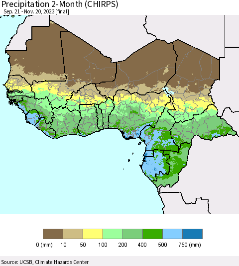 Western Africa Precipitation 2-Month (CHIRPS) Thematic Map For 9/21/2023 - 11/20/2023