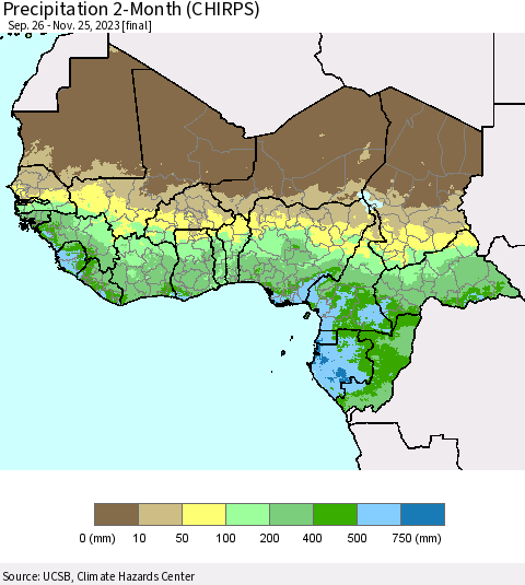 Western Africa Precipitation 2-Month (CHIRPS) Thematic Map For 9/26/2023 - 11/25/2023