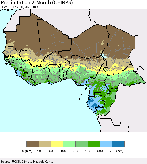 Western Africa Precipitation 2-Month (CHIRPS) Thematic Map For 10/1/2023 - 11/30/2023