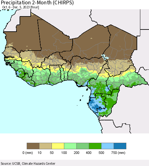 Western Africa Precipitation 2-Month (CHIRPS) Thematic Map For 10/6/2023 - 12/5/2023