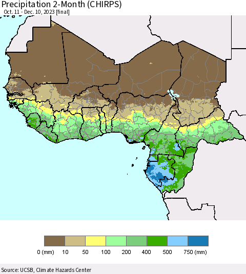 Western Africa Precipitation 2-Month (CHIRPS) Thematic Map For 10/11/2023 - 12/10/2023