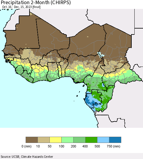 Western Africa Precipitation 2-Month (CHIRPS) Thematic Map For 10/16/2023 - 12/15/2023