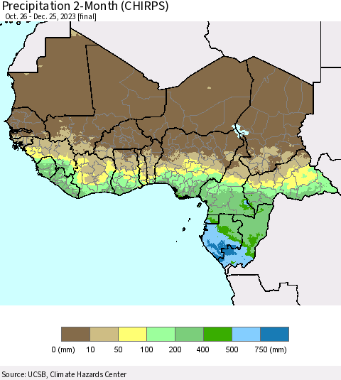 Western Africa Precipitation 2-Month (CHIRPS) Thematic Map For 10/26/2023 - 12/25/2023