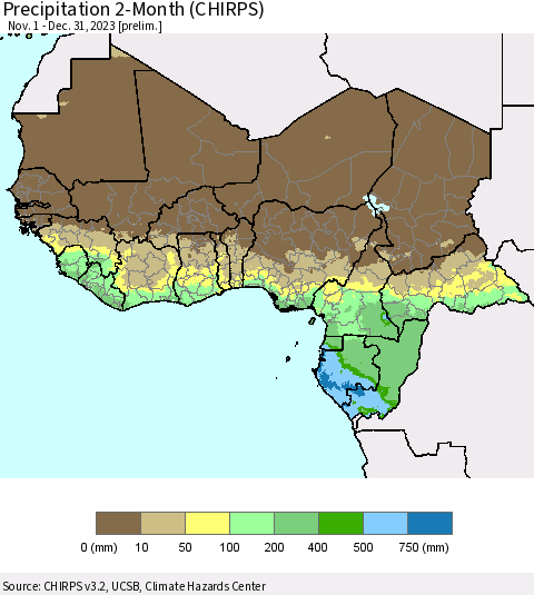 Western Africa Precipitation 2-Month (CHIRPS) Thematic Map For 11/1/2023 - 12/31/2023