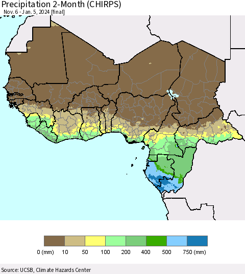 Western Africa Precipitation 2-Month (CHIRPS) Thematic Map For 11/6/2023 - 1/5/2024