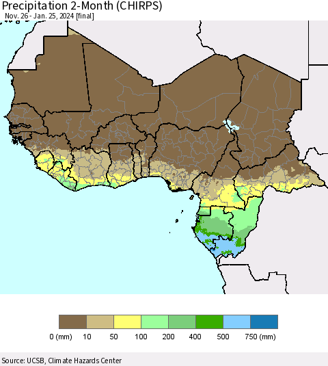 Western Africa Precipitation 2-Month (CHIRPS) Thematic Map For 11/26/2023 - 1/25/2024