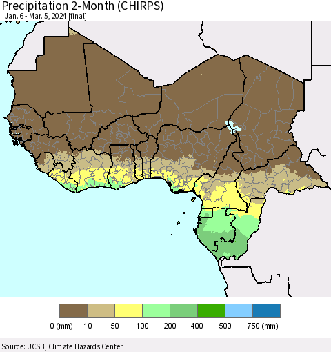 Western Africa Precipitation 2-Month (CHIRPS) Thematic Map For 1/6/2024 - 3/5/2024