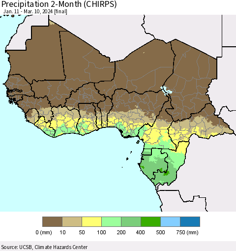 Western Africa Precipitation 2-Month (CHIRPS) Thematic Map For 1/11/2024 - 3/10/2024