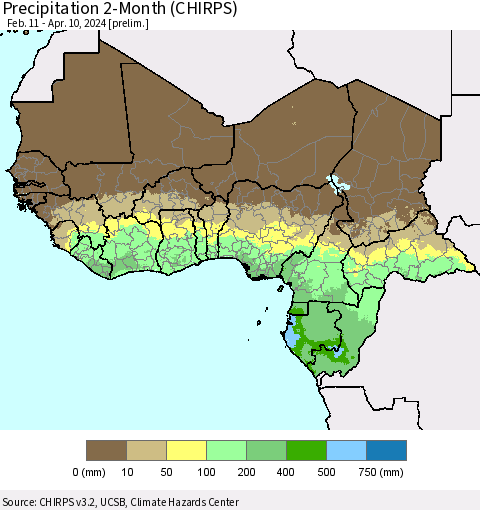 Western Africa Precipitation 2-Month (CHIRPS) Thematic Map For 2/11/2024 - 4/10/2024