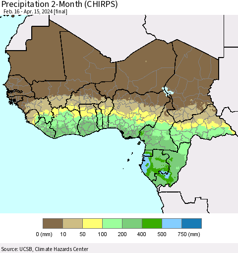 Western Africa Precipitation 2-Month (CHIRPS) Thematic Map For 2/16/2024 - 4/15/2024