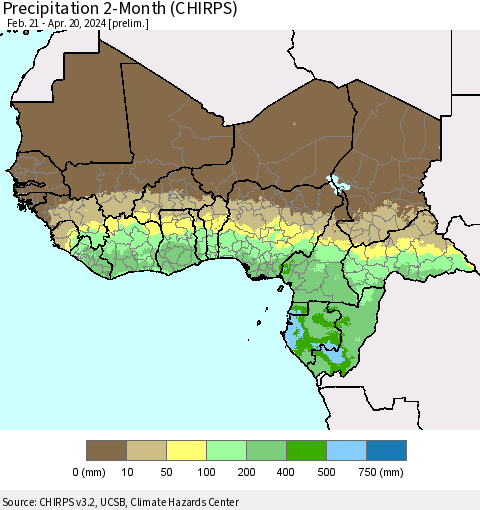 Western Africa Precipitation 2-Month (CHIRPS) Thematic Map For 2/21/2024 - 4/20/2024