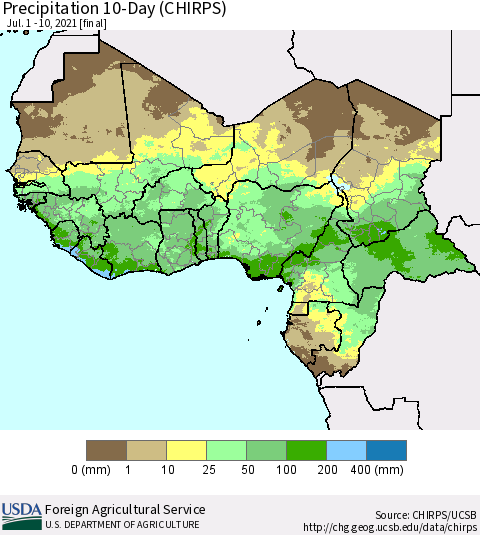 Western Africa Precipitation 10-Day (CHIRPS) Thematic Map For 7/1/2021 - 7/10/2021