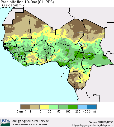 Western Africa Precipitation 10-Day (CHIRPS) Thematic Map For 7/6/2021 - 7/15/2021