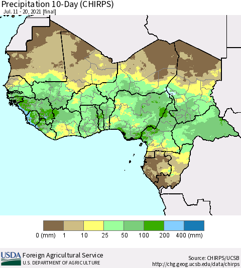 Western Africa Precipitation 10-Day (CHIRPS) Thematic Map For 7/11/2021 - 7/20/2021