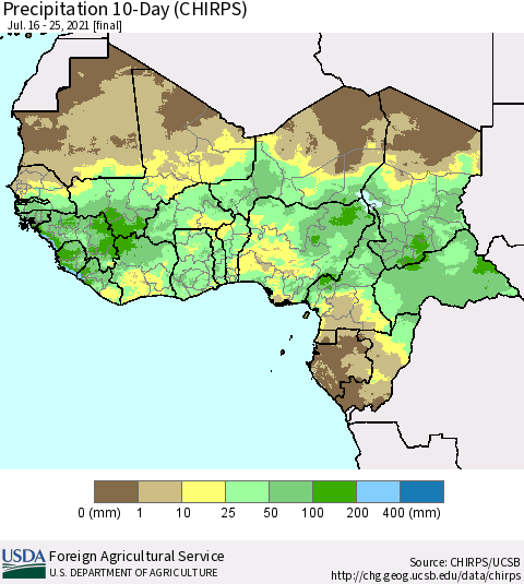 Western Africa Precipitation 10-Day (CHIRPS) Thematic Map For 7/16/2021 - 7/25/2021