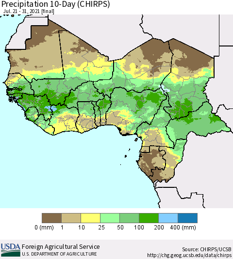 Western Africa Precipitation 10-Day (CHIRPS) Thematic Map For 7/21/2021 - 7/31/2021