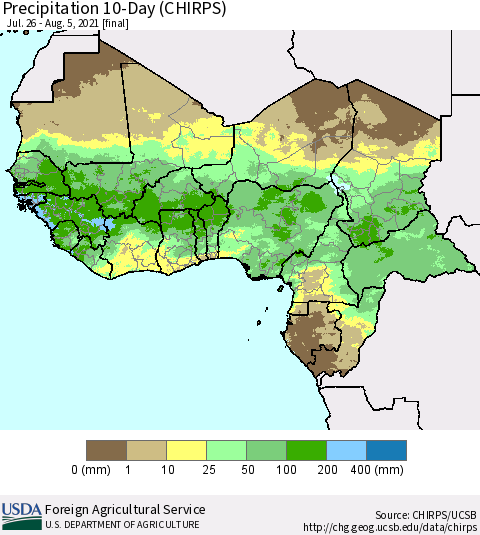 Western Africa Precipitation 10-Day (CHIRPS) Thematic Map For 7/26/2021 - 8/5/2021