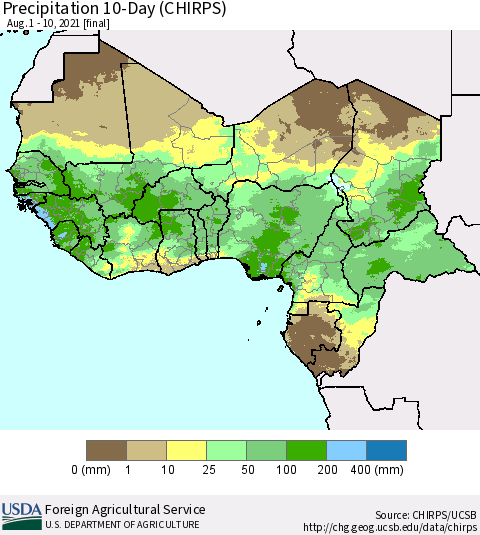 Western Africa Precipitation 10-Day (CHIRPS) Thematic Map For 8/1/2021 - 8/10/2021