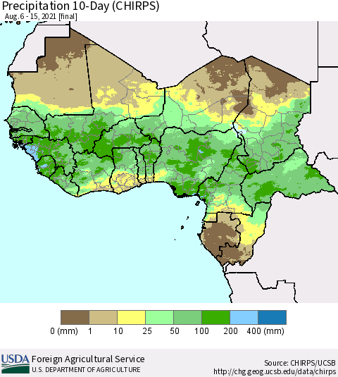 Western Africa Precipitation 10-Day (CHIRPS) Thematic Map For 8/6/2021 - 8/15/2021