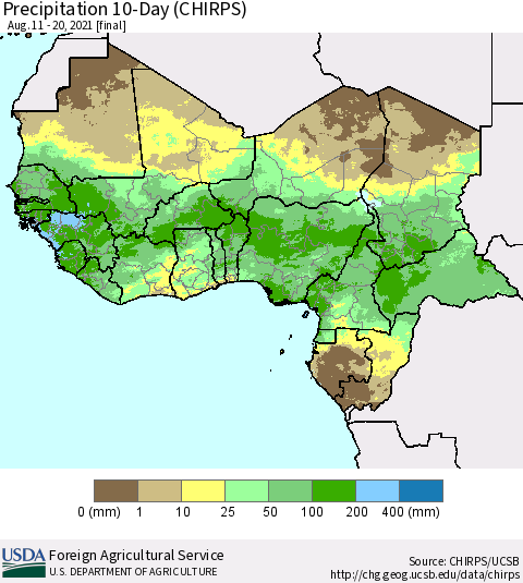 Western Africa Precipitation 10-Day (CHIRPS) Thematic Map For 8/11/2021 - 8/20/2021