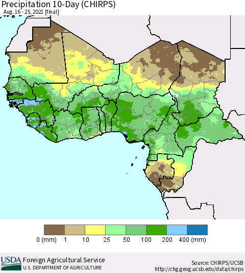 Western Africa Precipitation 10-Day (CHIRPS) Thematic Map For 8/16/2021 - 8/25/2021