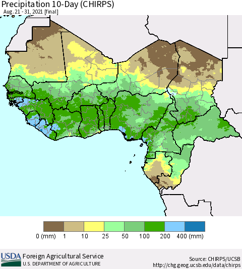 Western Africa Precipitation 10-Day (CHIRPS) Thematic Map For 8/21/2021 - 8/31/2021