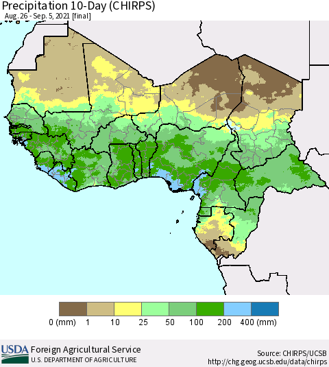 Western Africa Precipitation 10-Day (CHIRPS) Thematic Map For 8/26/2021 - 9/5/2021