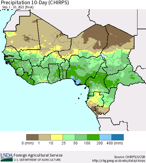 Western Africa Precipitation 10-Day (CHIRPS) Thematic Map For 9/1/2021 - 9/10/2021