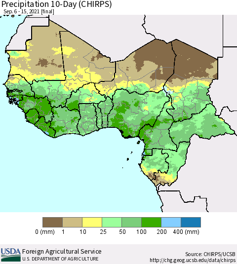 Western Africa Precipitation 10-Day (CHIRPS) Thematic Map For 9/6/2021 - 9/15/2021