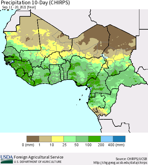 Western Africa Precipitation 10-Day (CHIRPS) Thematic Map For 9/11/2021 - 9/20/2021