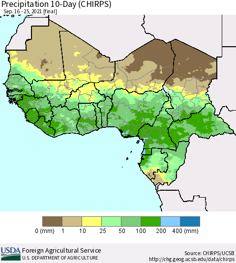 Western Africa Precipitation 10-Day (CHIRPS) Thematic Map For 9/16/2021 - 9/25/2021