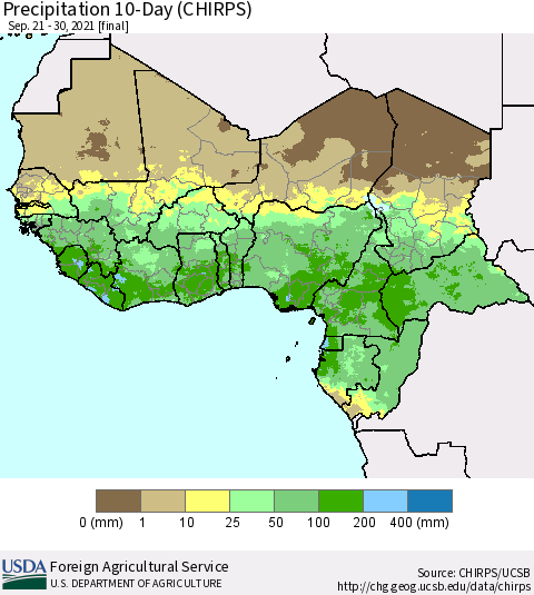 Western Africa Precipitation 10-Day (CHIRPS) Thematic Map For 9/21/2021 - 9/30/2021